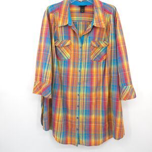 Lane Bryant plaid button up cotton tunic shirt Size 22/24 3/4 sleeves